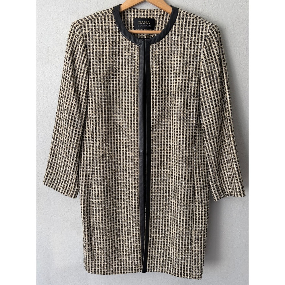 Dana Buchman Women Leather Trim Tweed Longline Jacket 16 Professional Old Money